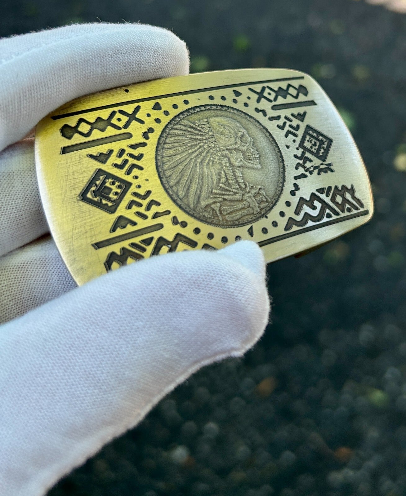 Aztec Theme Belt Buckle | Cast Polished Brass | Made in USA