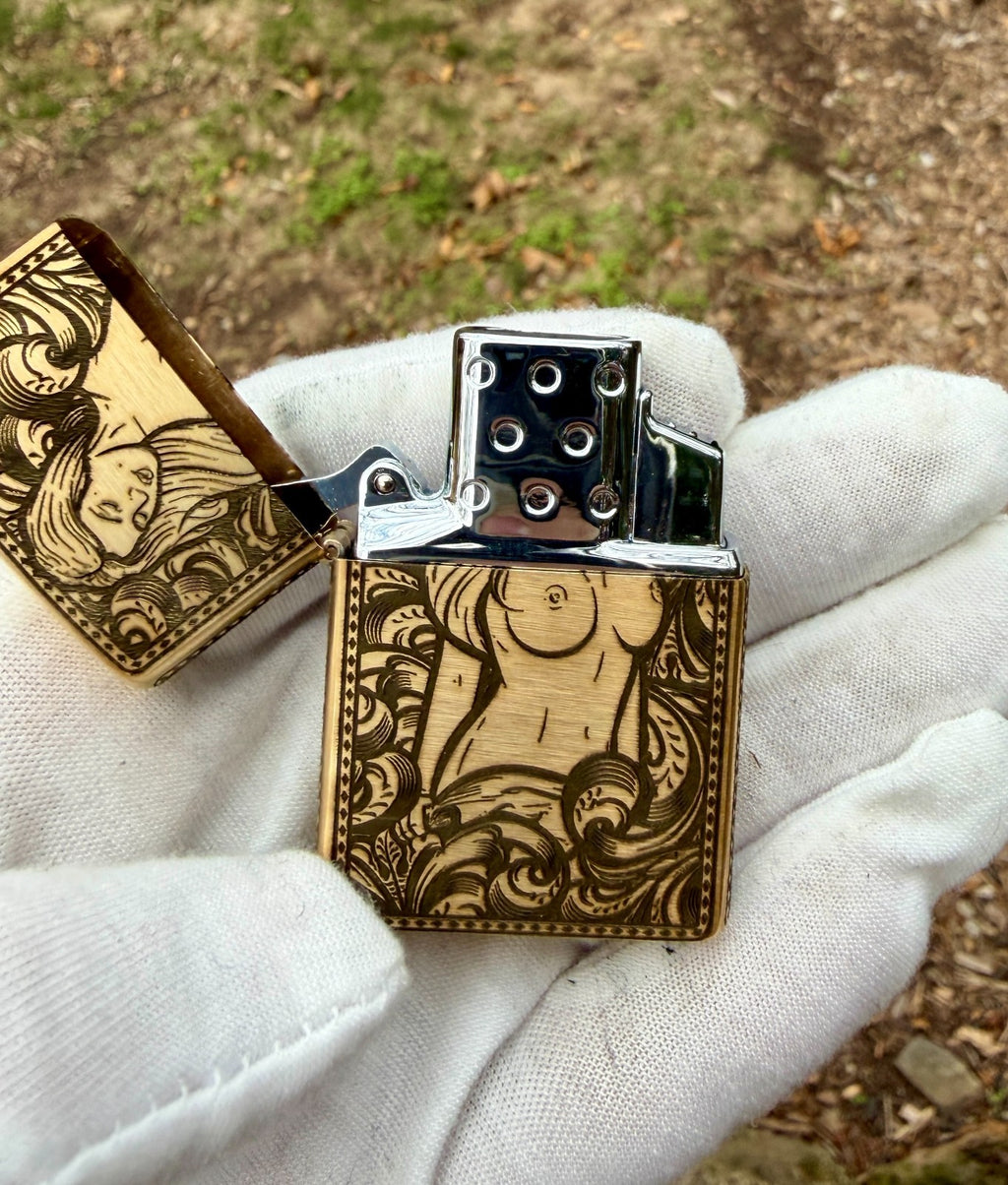 Pinup Girl Engraved Brass Zippo Butane Cigar Lighter Zippo Authentic Insert