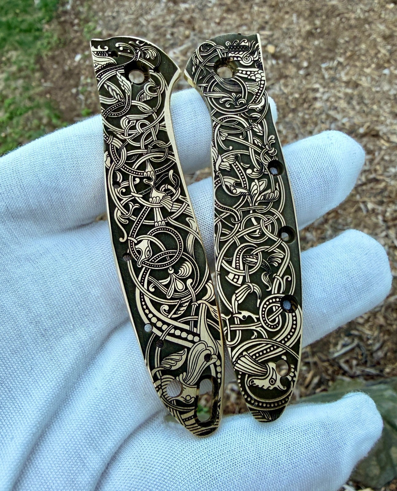 Brass Engraved Scales for Kershaw Leek – Norse Design – Made in USA –
