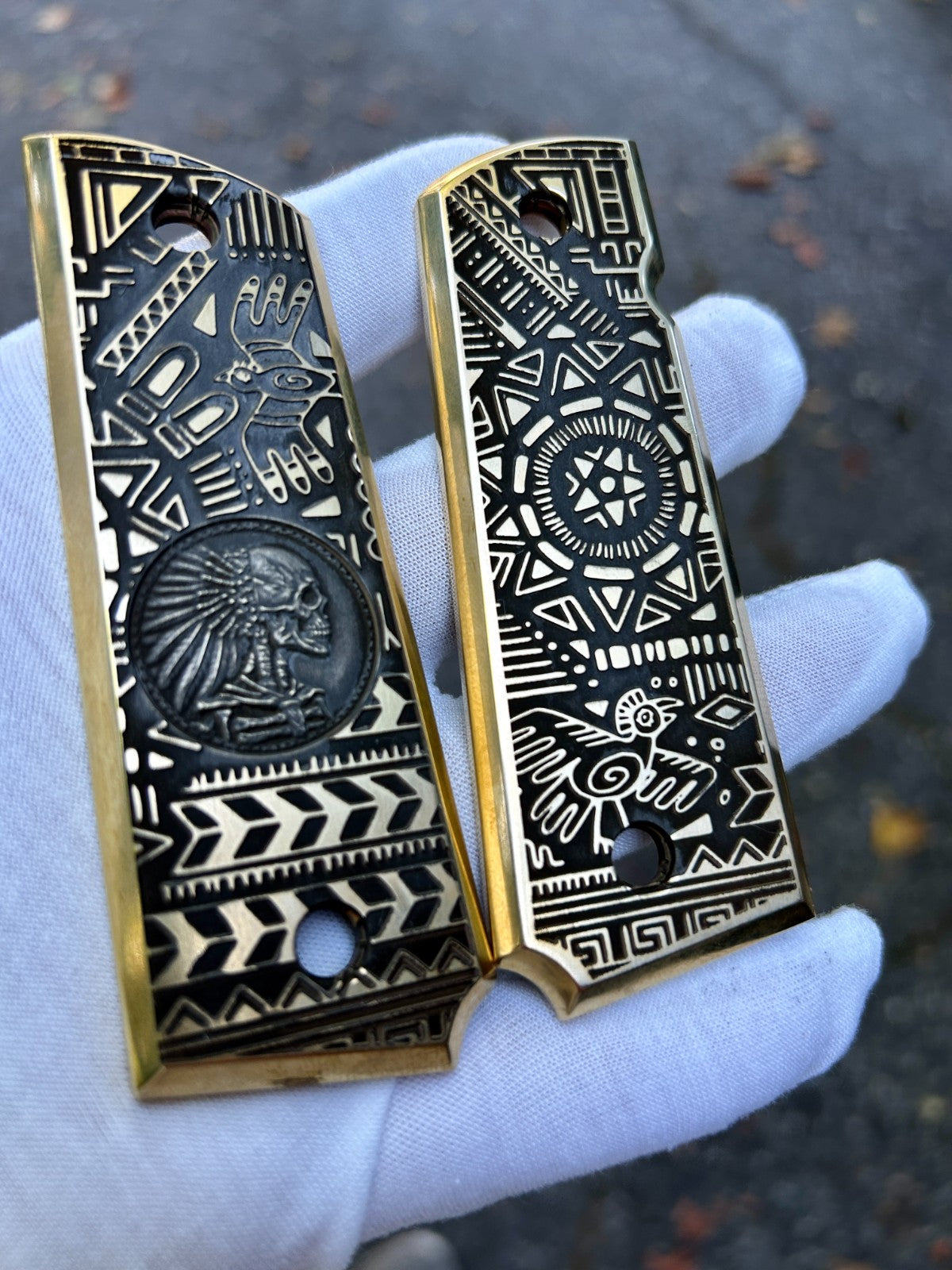 1911 Full Size Brass Engraved Grips – Aztec Big Chief Design | Made in USA |
