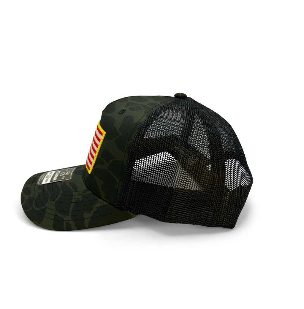 USA Flag Patch Hat Richardson 112 | Sable Duck Camo Trucker Cap | Adjustable