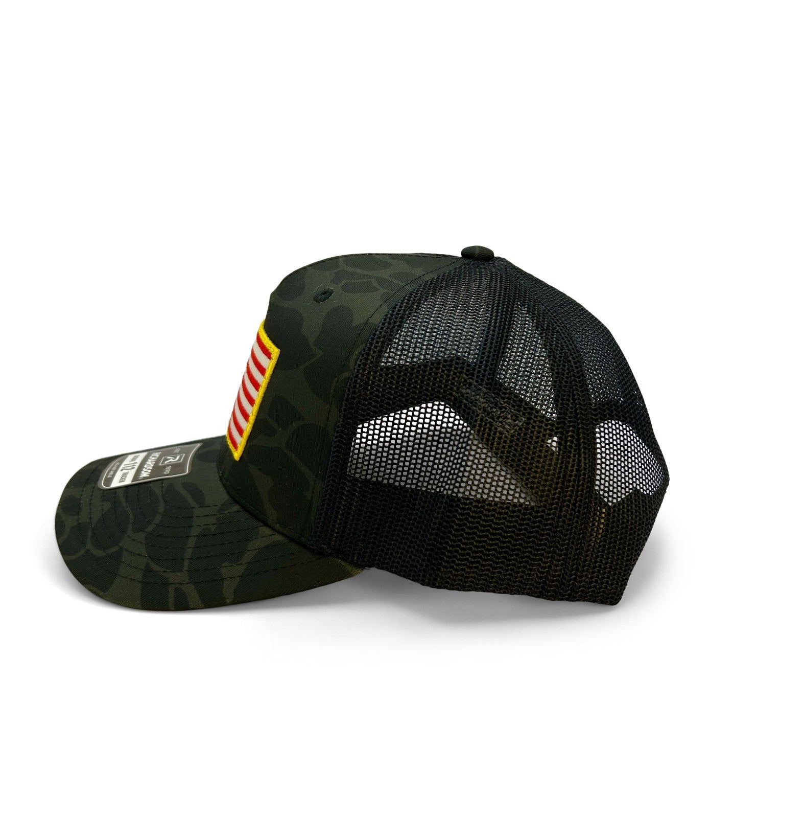 USA Flag Patch Hat Richardson 112 | Sable Duck Camo Trucker Cap | Adjustable