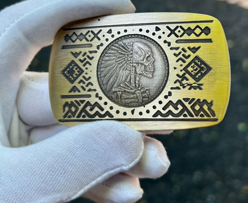 Aztec Theme Belt Buckle | Cast Polished Brass | Made in USA