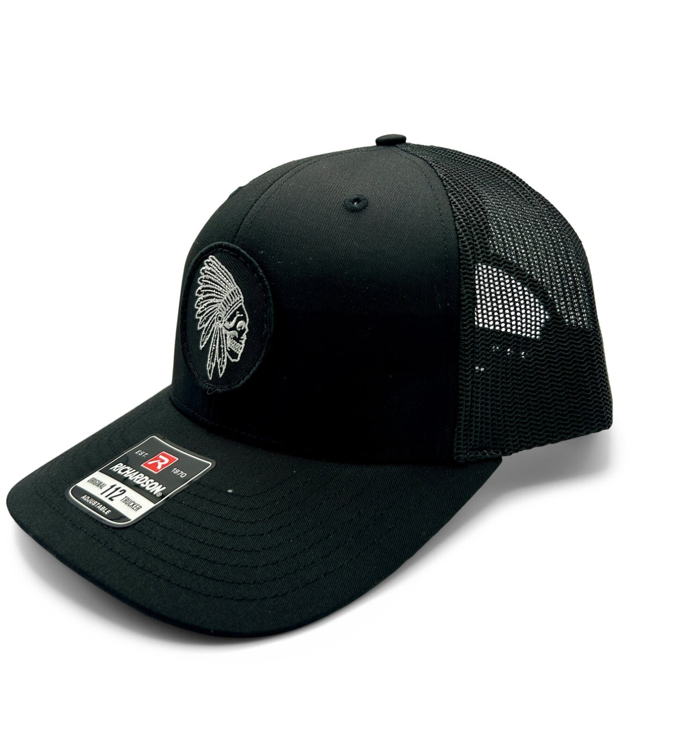 Apache Skull Embroidered Patch Hat | Richardson 112 Black | Indian Skull