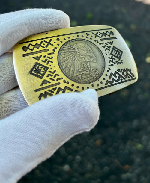Aztec Theme Belt Buckle | Cast Polished Brass | Made in USA