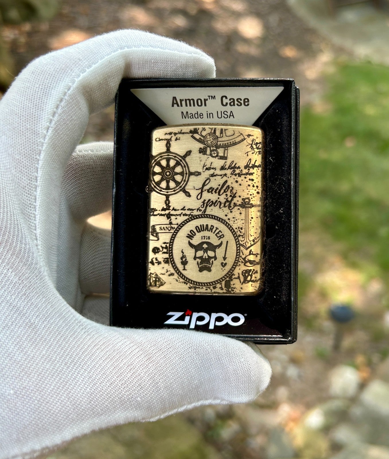 Blackbeard Flag Brass Armor Zippo | 4-Sided Deep Engraving | Pirate Jolly Roger