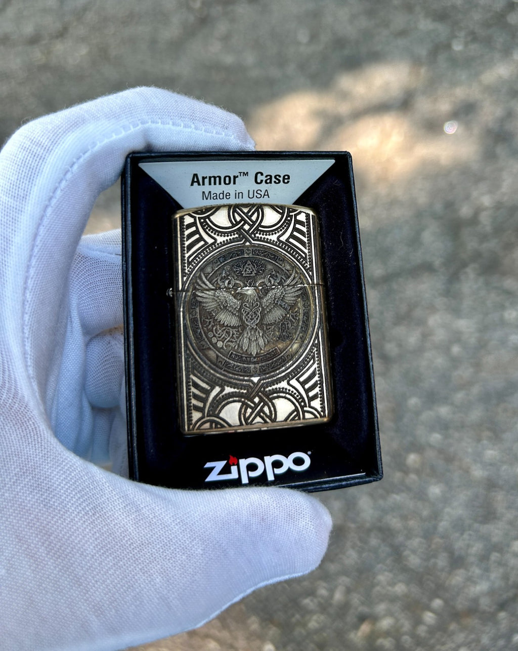 Custom Brass Armor Zippo Lighter | Norse Engraving Odin’s Raven & Mjöllnir |