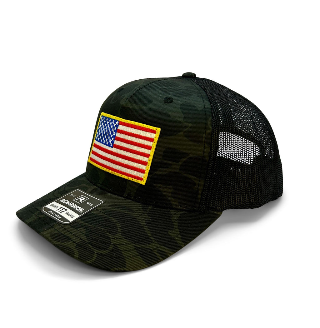USA Flag Patch Hat Richardson 112 | Sable Duck Camo Trucker Cap | Adjustable