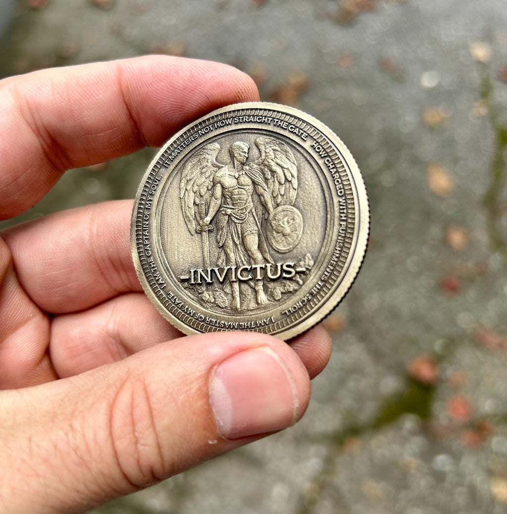 Invictus EDC Brass Coin 50mm | Warrior Engraving | "Master of My Fate" Soul Quot