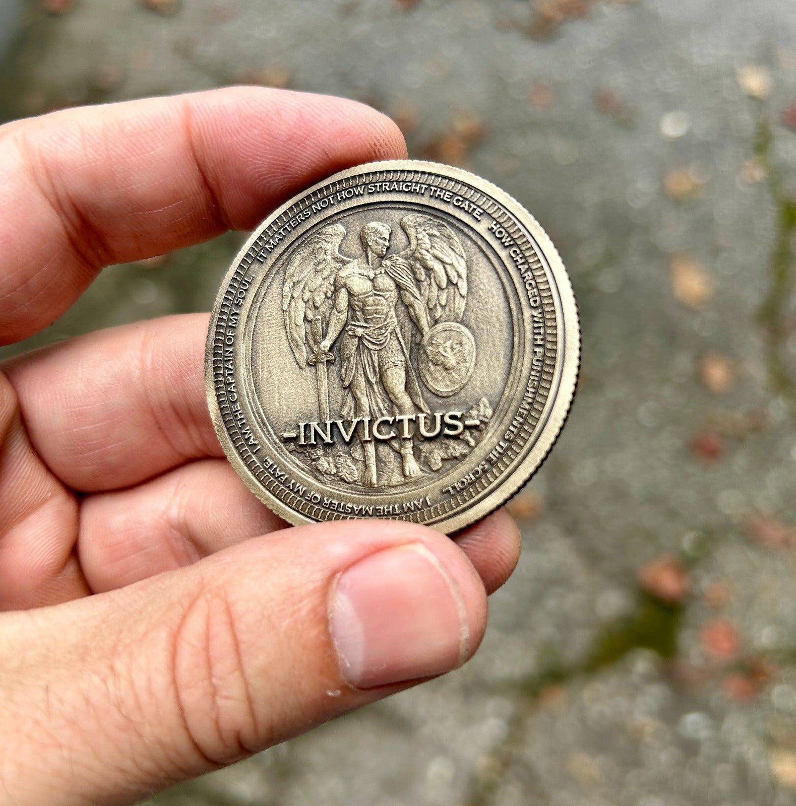 Invictus EDC Brass Coin 50mm | Warrior Engraving | "Master of My Fate" Soul Quot