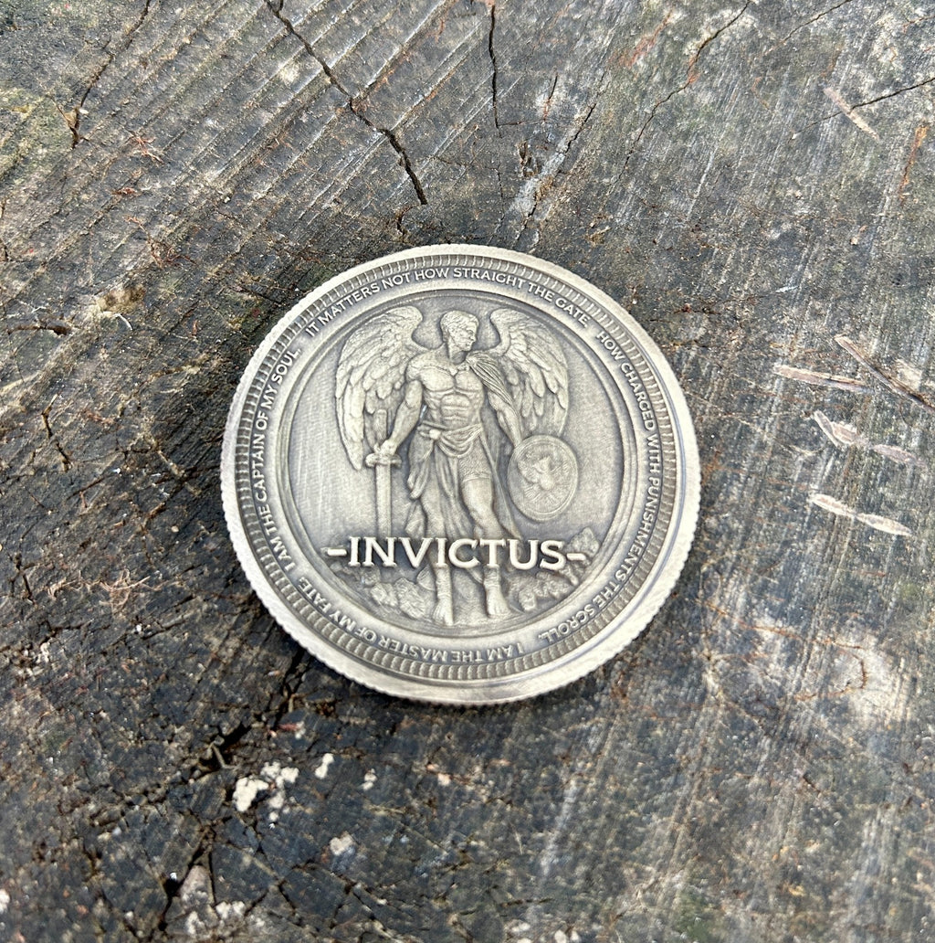 Invictus EDC Brass Coin 50mm | Warrior Engraving | "Master of My Fate" Soul Quot