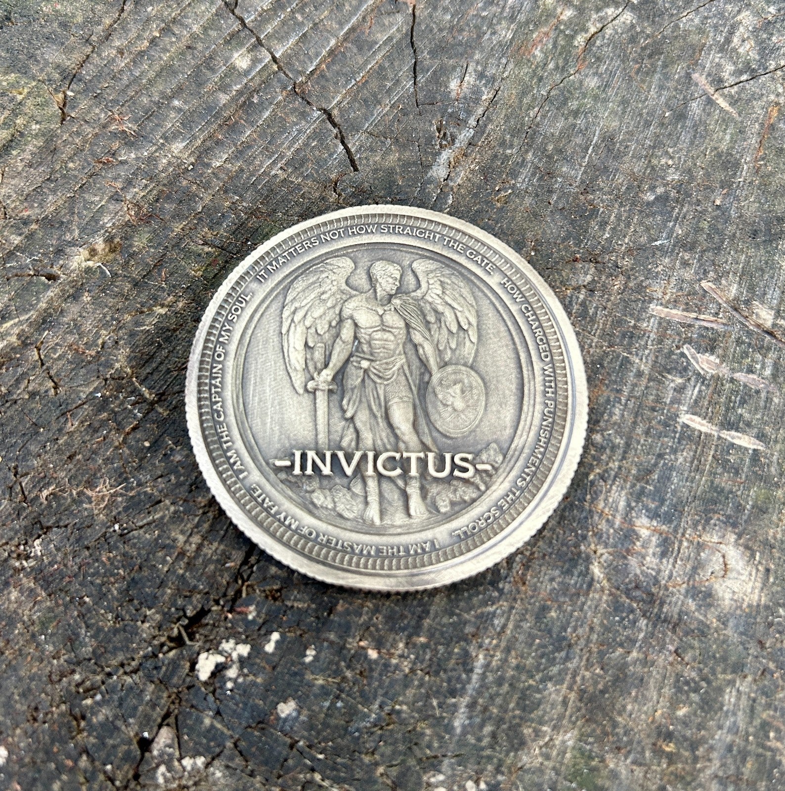 Invictus EDC Brass Coin 50mm | Warrior Engraving | "Master of My Fate" Soul Quot
