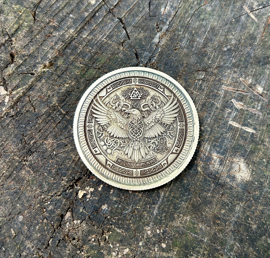 Norse Symbol EDC Coin Solid Brass 50mm | Thor's Hammer & Huginn Muninn |USA Made
