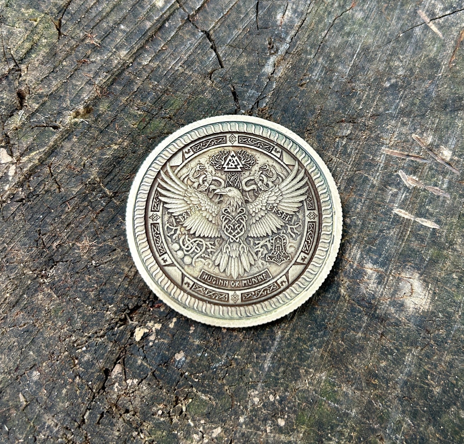 Norse Symbol EDC Coin Solid Brass 50mm | Thor's Hammer & Huginn Muninn |USA Made