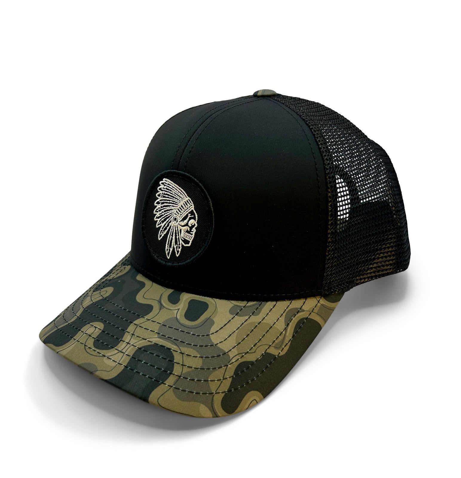 Apache Skull Patch Hat Sobro Waterwood Black/Camo | Tactical Trucker Hat |