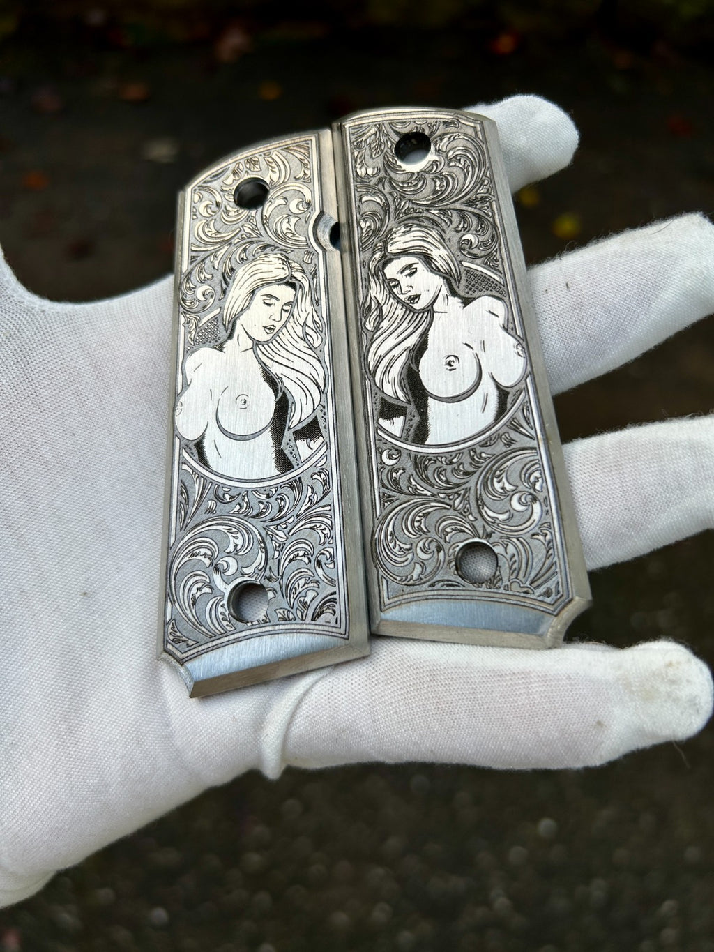Stainless Steel Engraved 1911 Full Size Grips - Pinup Girl Design - Made in USA