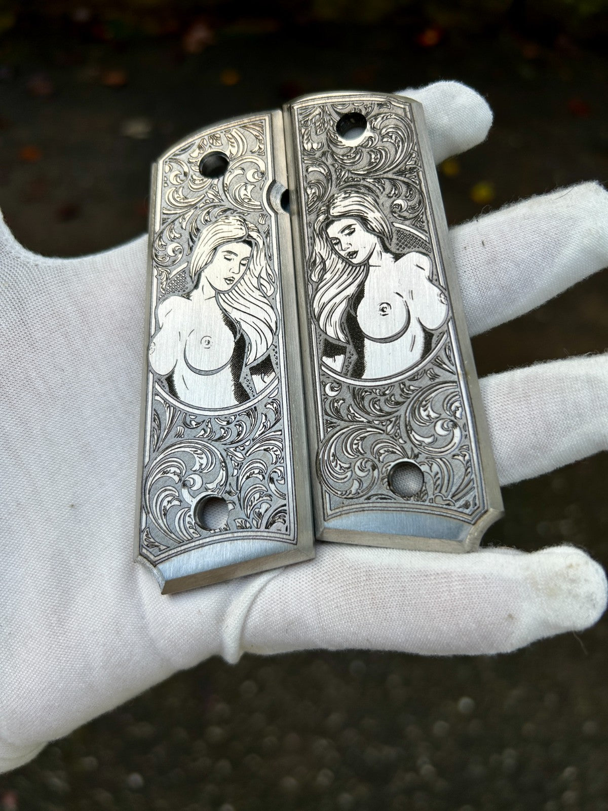 Stainless Steel Engraved 1911 Full Size Grips - Pinup Girl Design - Made in USA