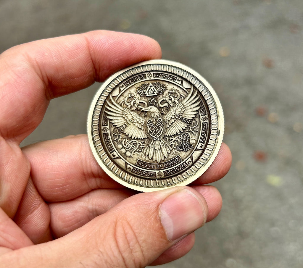 Norse Symbol EDC Coin Solid Brass 50mm | Thor's Hammer & Huginn Muninn |USA Made