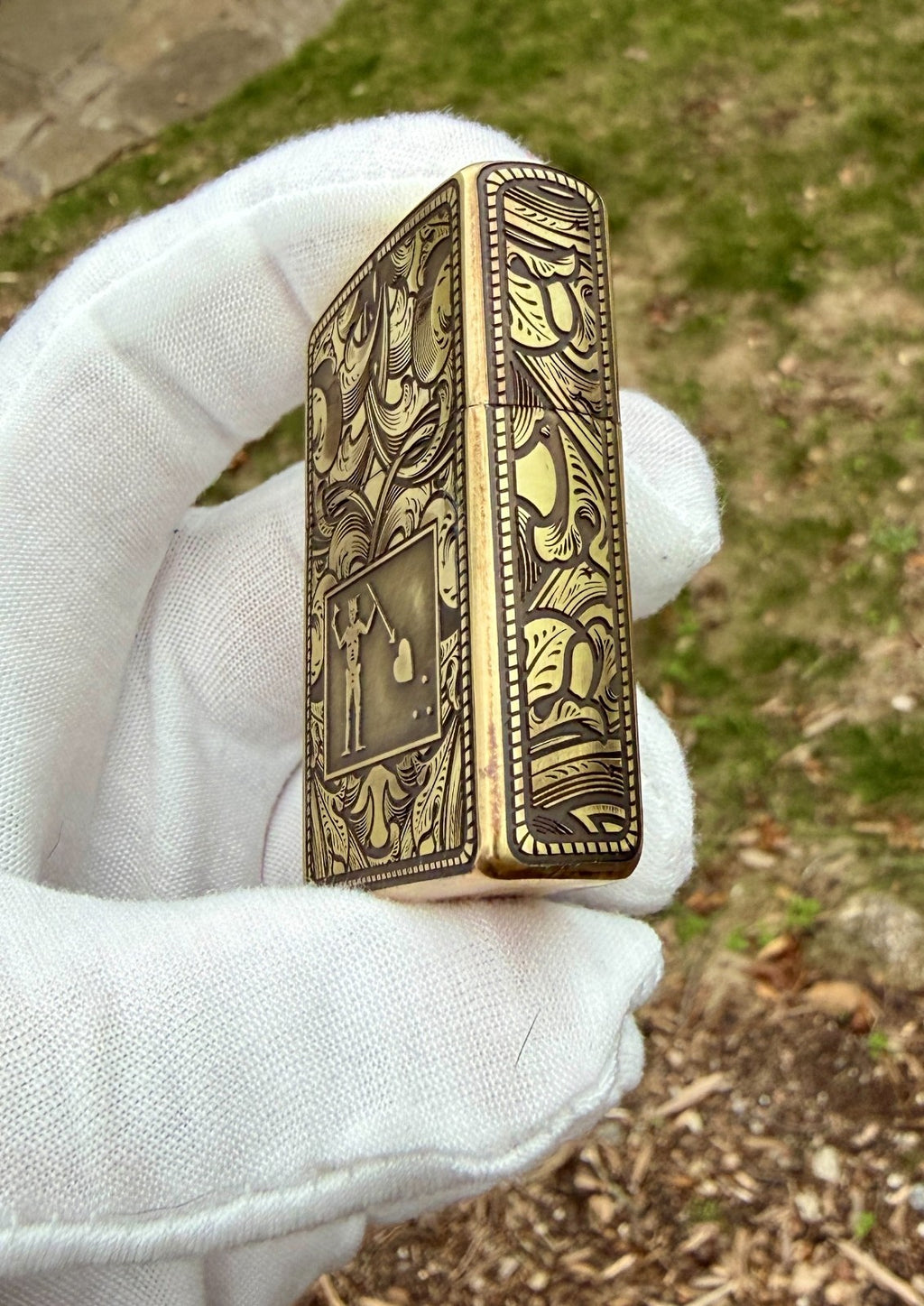 5-Side Engraved Brass Armor Zippo Lighter – Blackbeard Jolly Roger Filigree USA