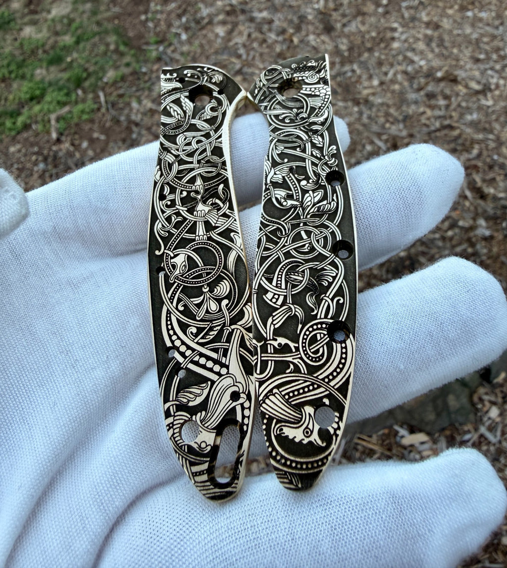 Brass Engraved Scales for Kershaw Leek – Norse Design – Made in USA –