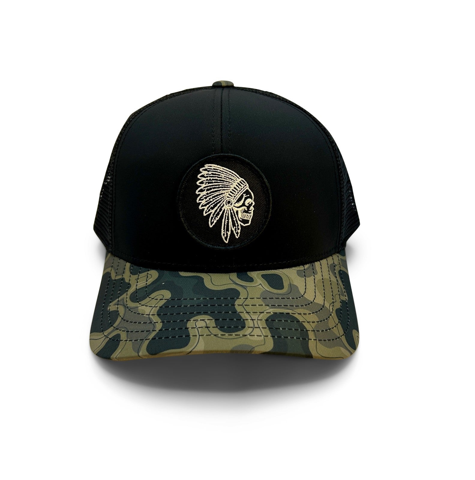 Apache Skull Patch Hat Sobro Waterwood Black/Camo | Tactical Trucker Hat |