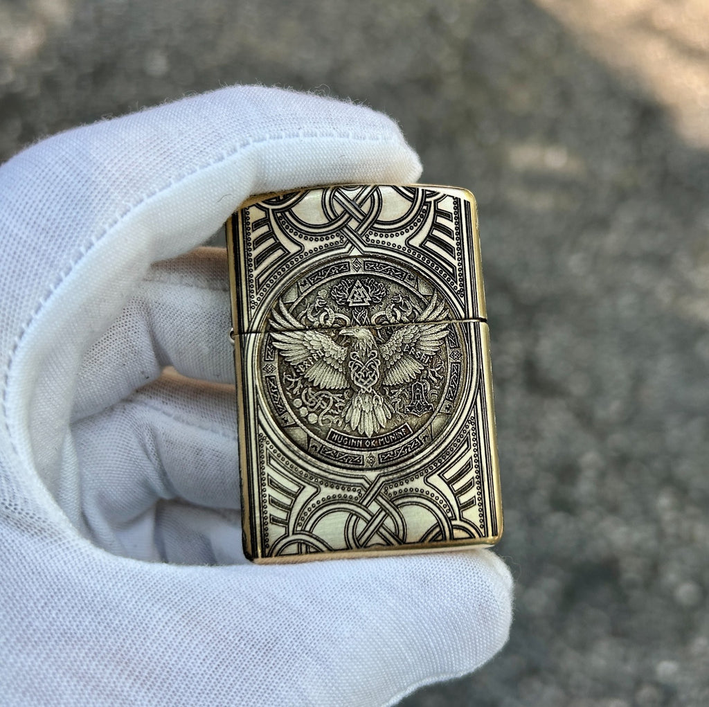 Custom Brass Armor Zippo Lighter | Norse Engraving Odin’s Raven & Mjöllnir |