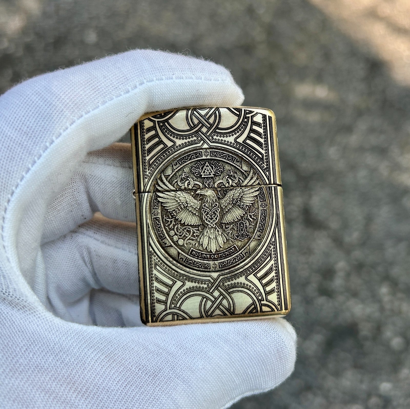 Custom Brass Armor Zippo Lighter | Norse Engraving Odin’s Raven & Mjöllnir |
