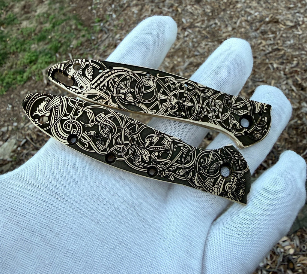 Brass Engraved Scales for Kershaw Leek – Norse Design – Made in USA –