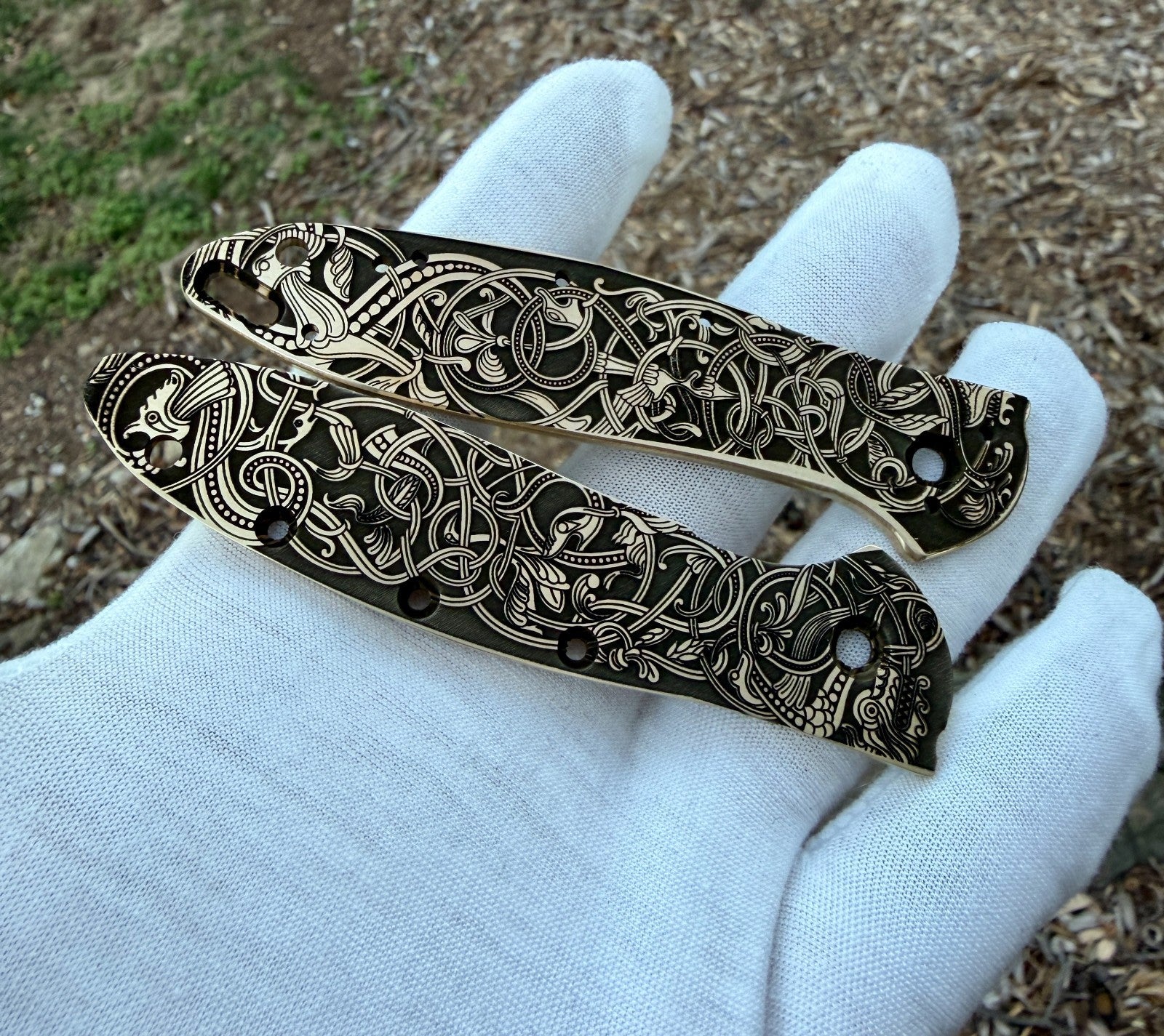 Brass Engraved Scales for Kershaw Leek – Norse Design – Made in USA –