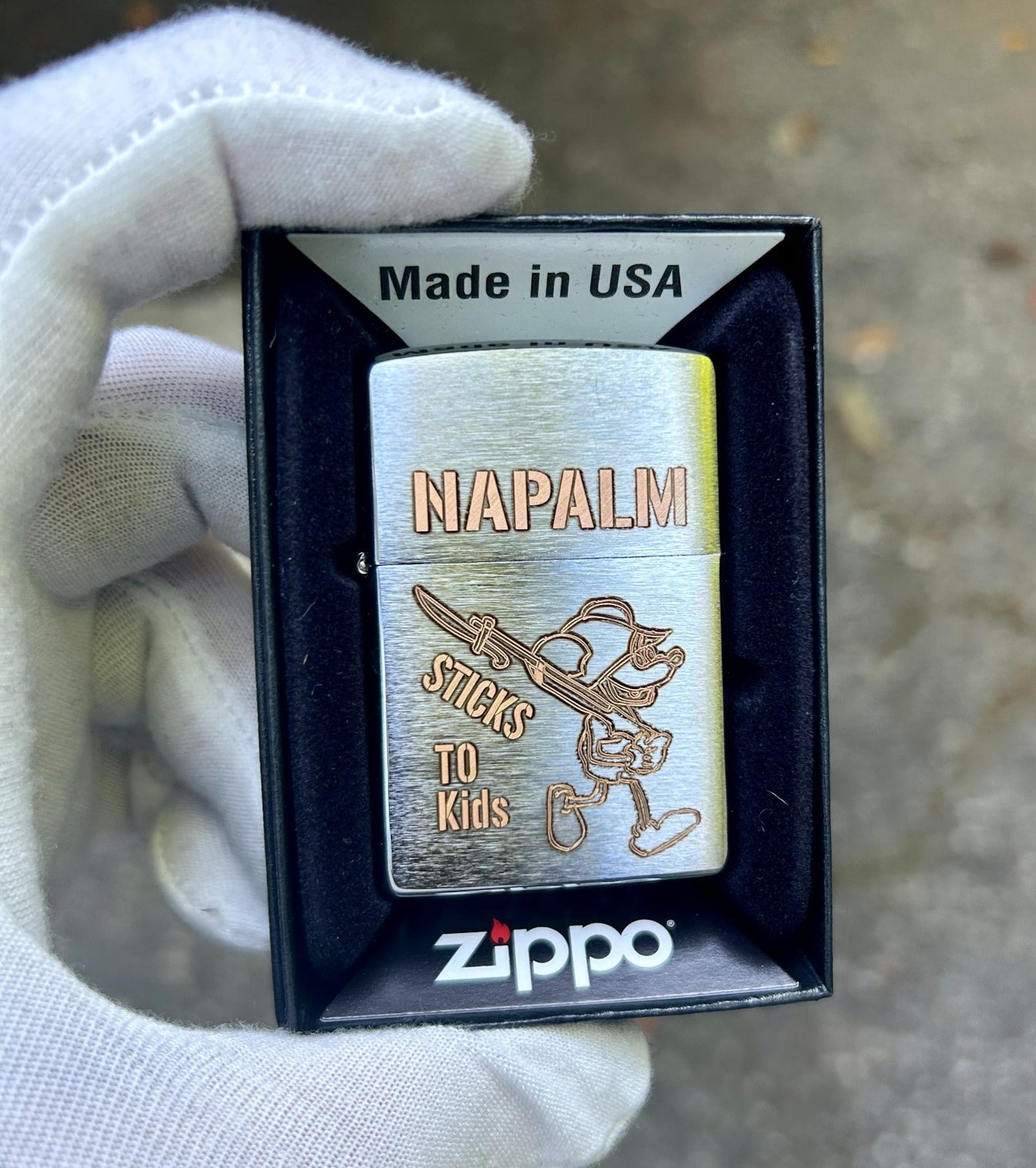 Napalm Sticks to Kids Zippo Lighter Vietnam War Replica | Stainless Chrome | USA