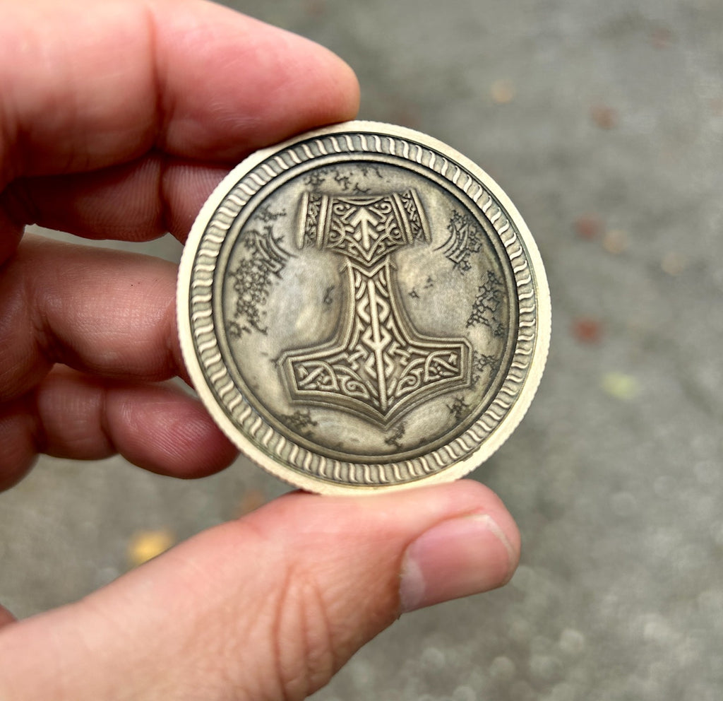 Norse Symbol EDC Coin Solid Brass 50mm | Thor's Hammer & Huginn Muninn |USA Made