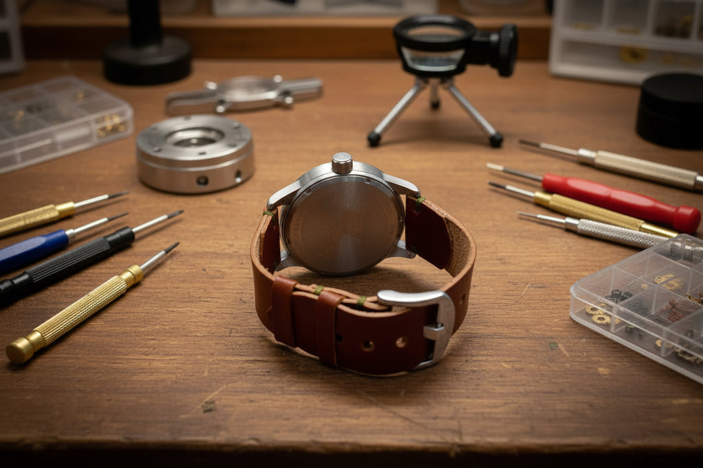 Watch with brown leather strap and stainless steel casing on a watch maker's workbench