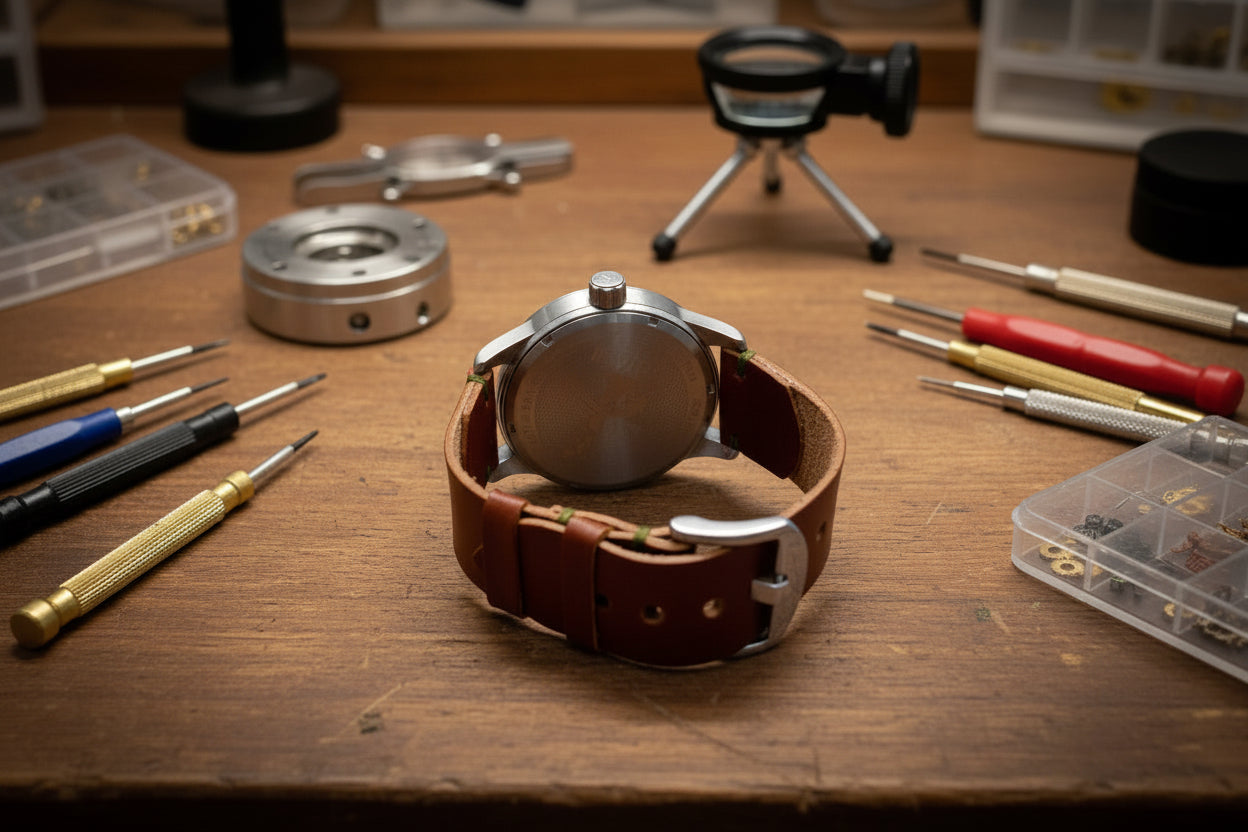 Watch with brown leather strap and stainless steel casing on a watch maker's workbench