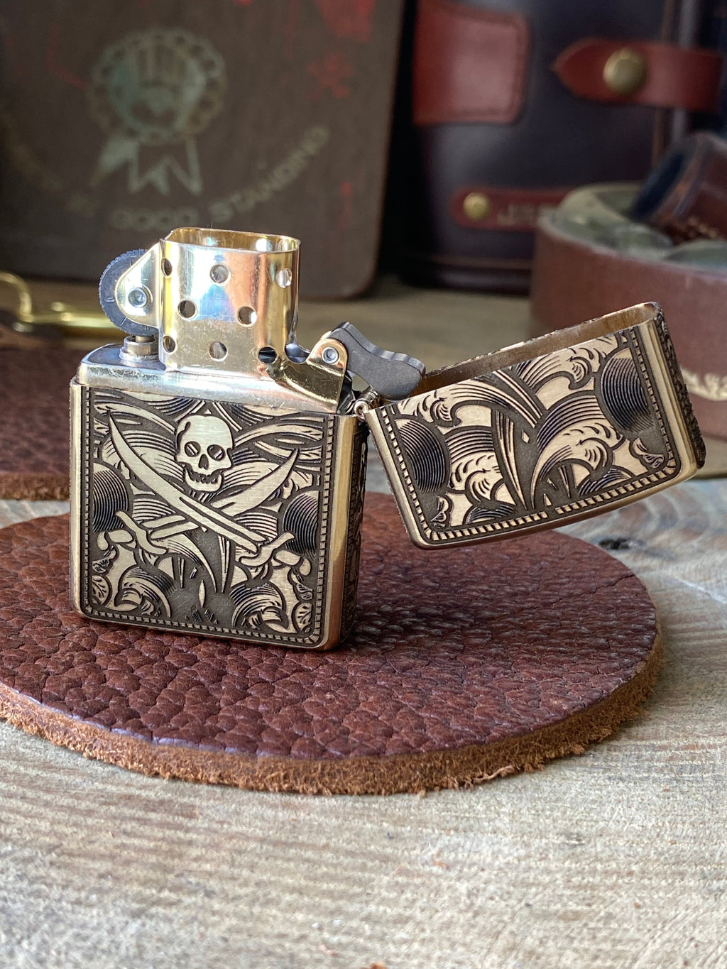 Blackbeard Jolly Roger Filigree | 5 Side Engraved | Brass Armor Zippo