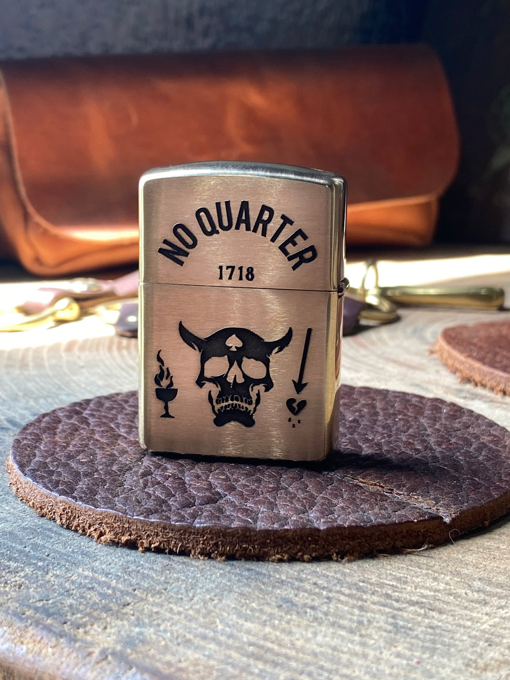 Blackbeard’s Flag 1718 “No Quarter” | 2 Side Engraved | Brass Armor Zippo