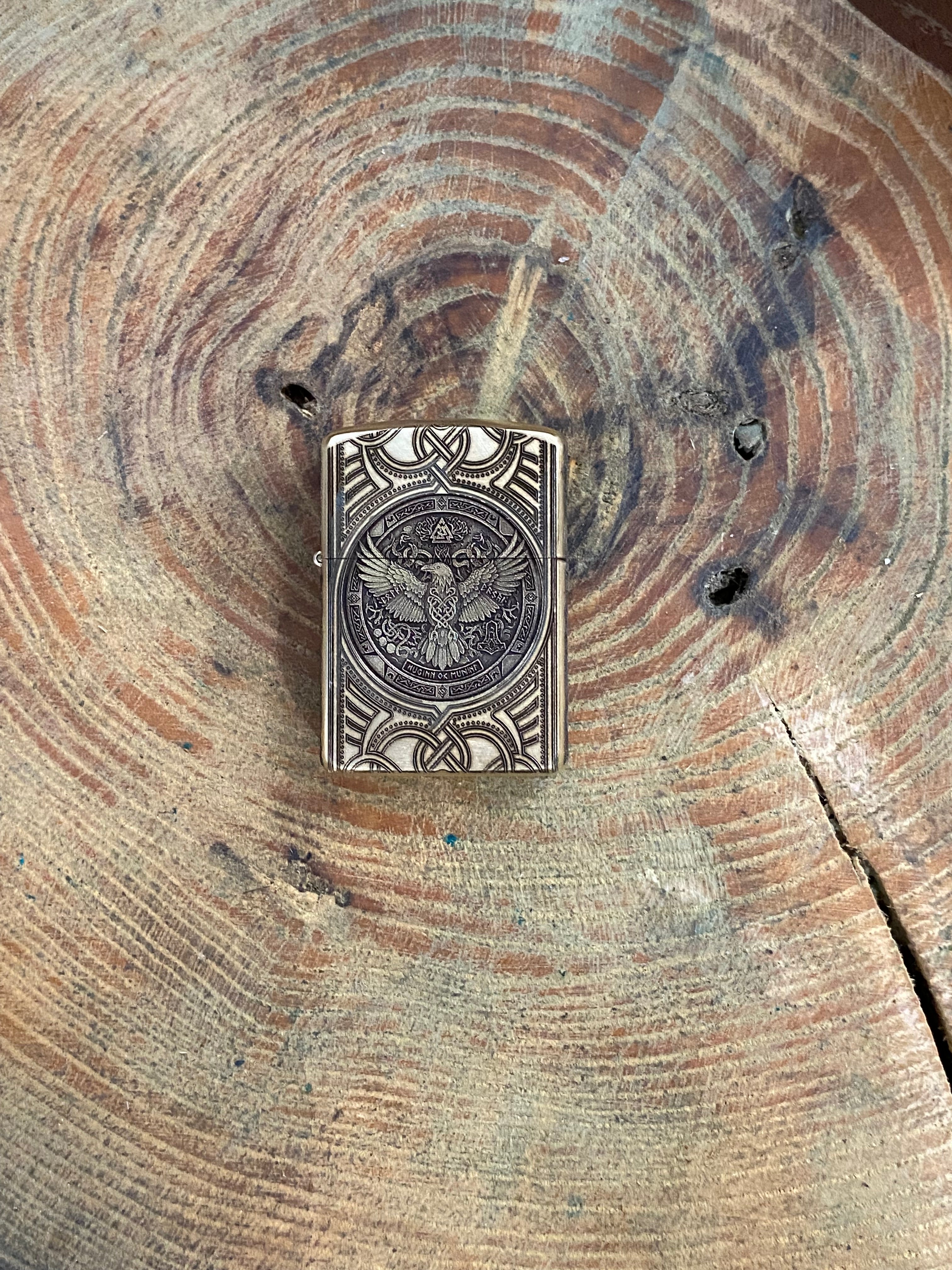 Huggin/ Muninn & Mjöllnir 3D | Odin & Thor | 4 Side Engraved | Brass Armor Zippo