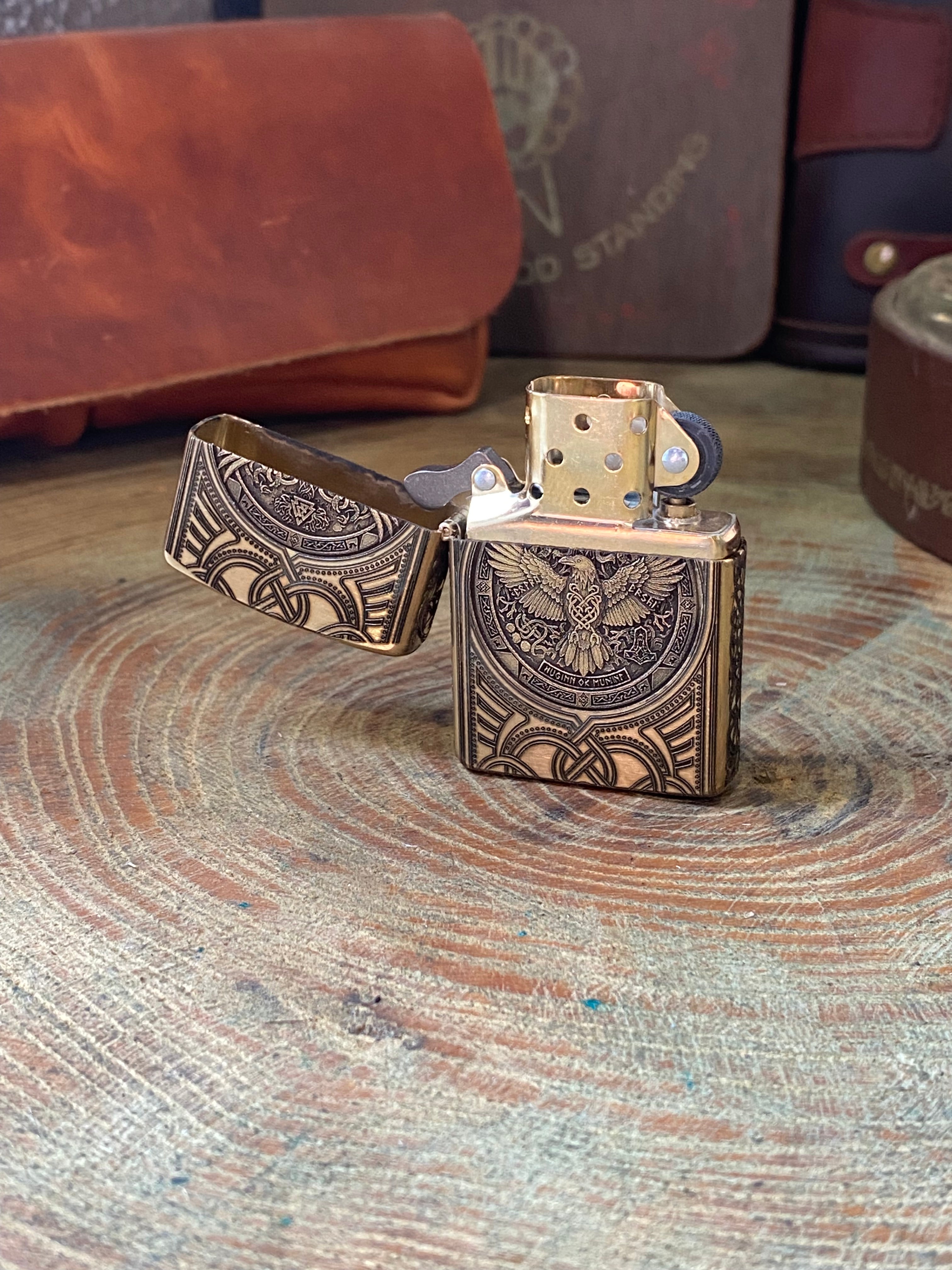 Huggin/ Muninn & Mjöllnir 3D | Odin & Thor | 4 Side Engraved | Brass Armor Zippo