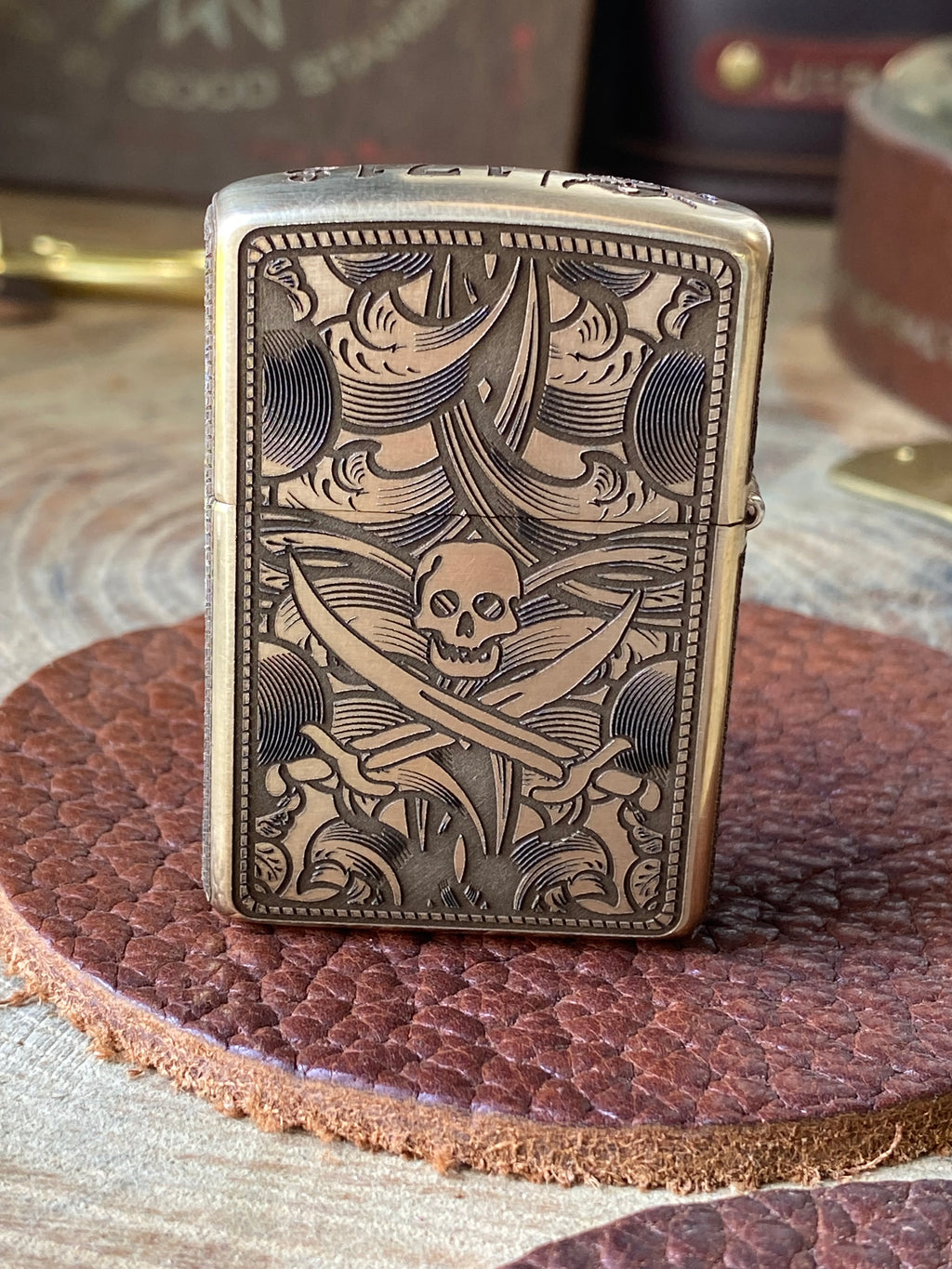 Blackbeard Jolly Roger Filigree | 5 Side Engraved | Brass Armor Zippo
