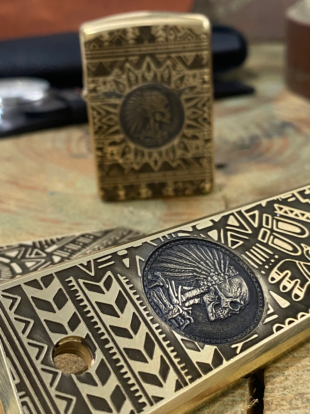 1911 Full Size Brass Engraved Grips – Aztec Big Chief Design | Made in USA |
