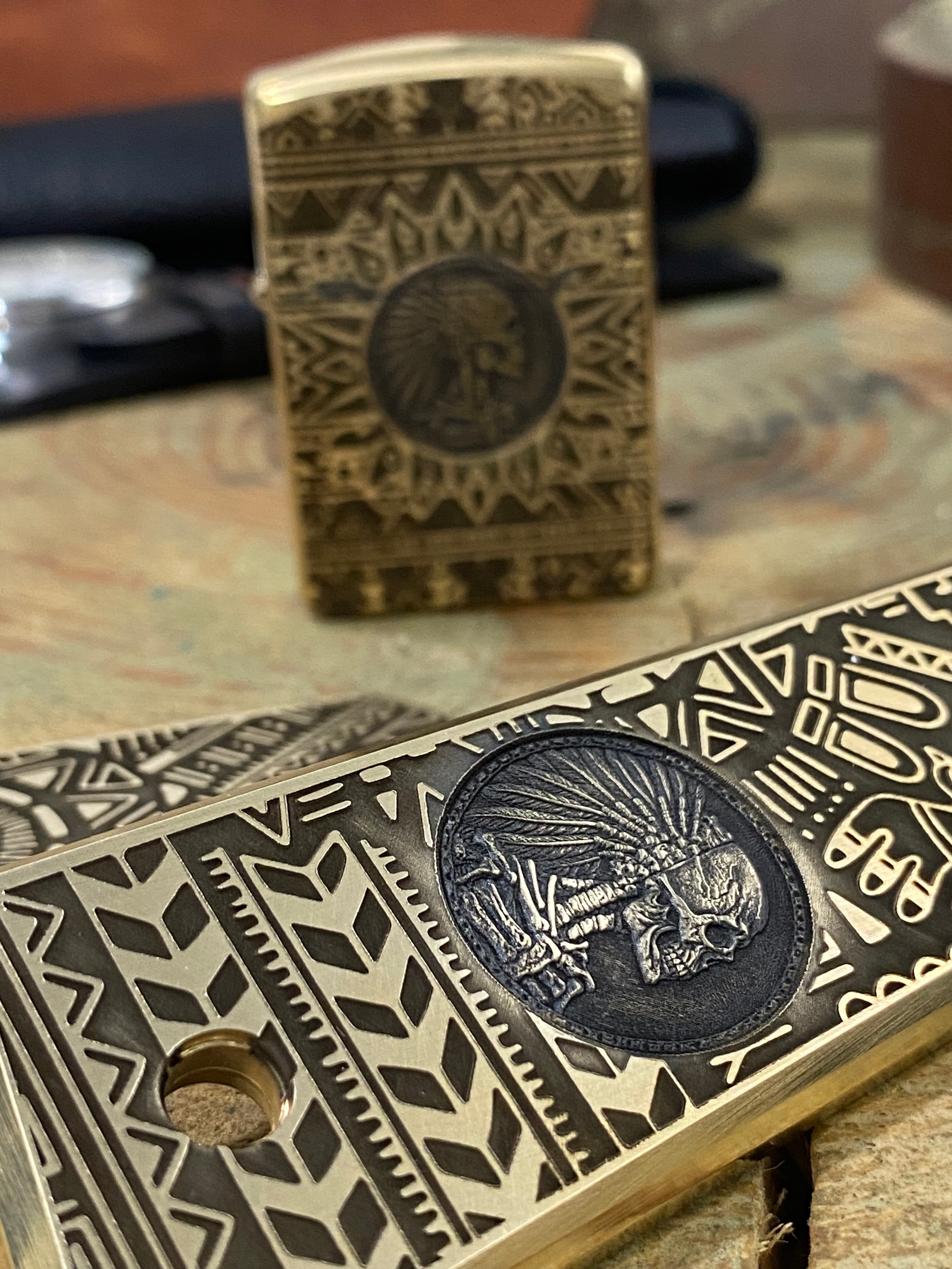 1911 Full Size Brass Engraved Grips – Aztec Big Chief Design | Made in USA |