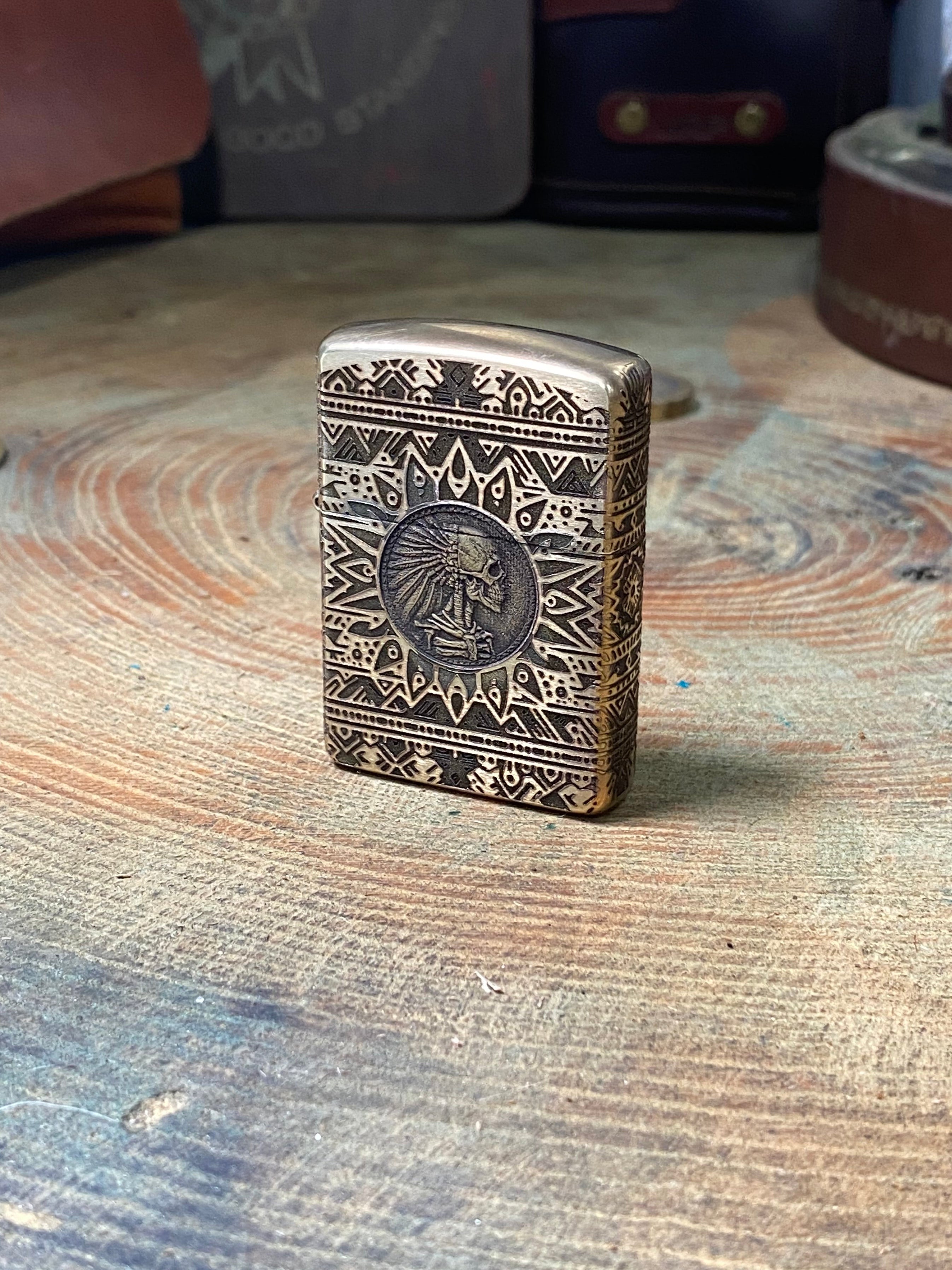 Aztec Warrior Skull 3D | 4 Side Engraved | Brass Armor Zippo