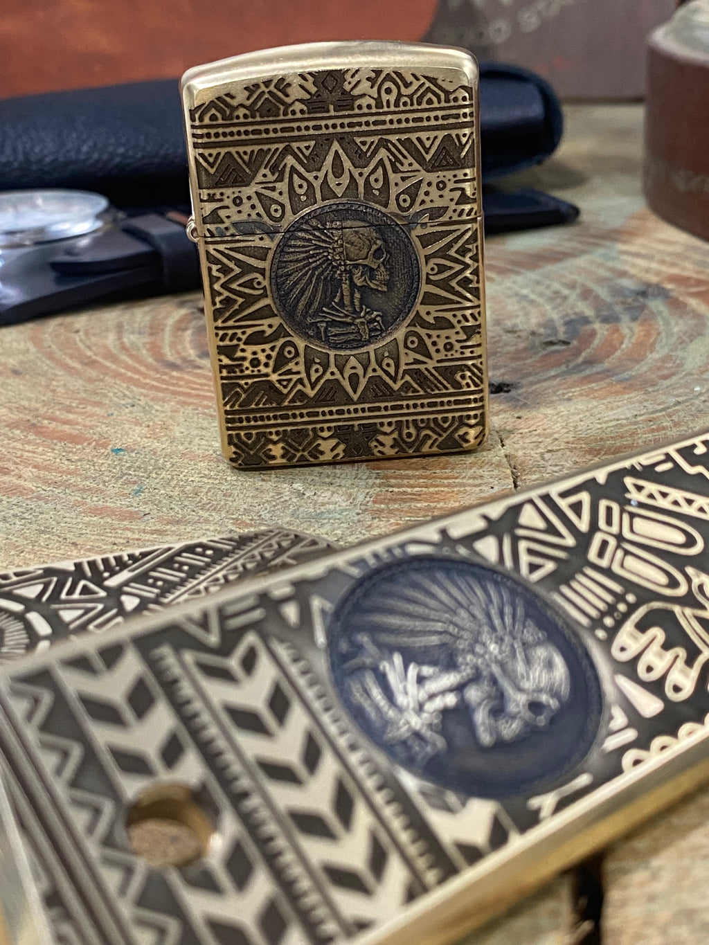 Aztec Warrior Skull 3D | 4 Side Engraved | Brass Armor Zippo