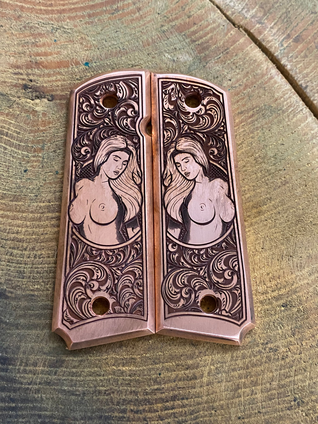 Copper Engraved 1911 Full Size Grips - Pinup Girl Design - Made in USA