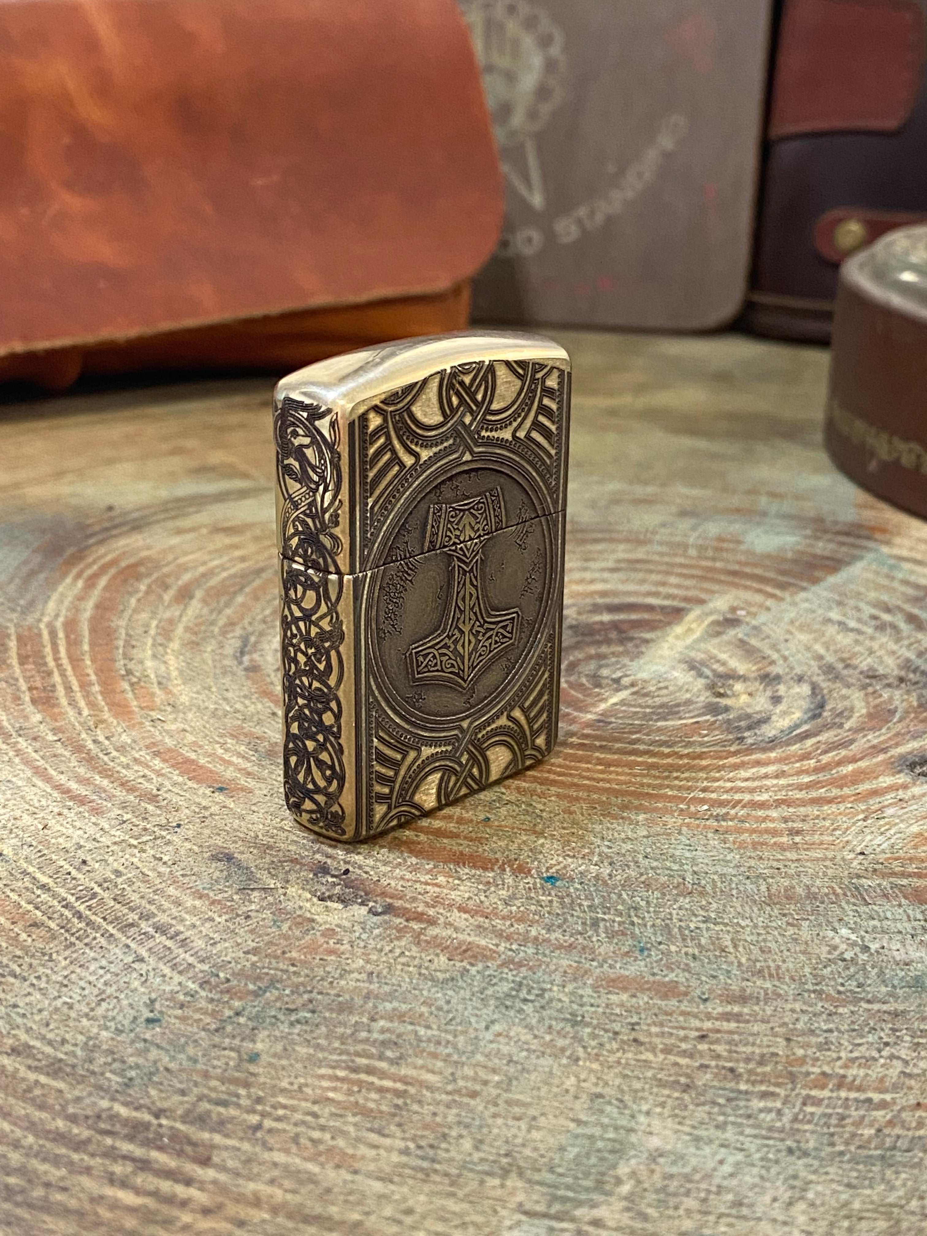 Huggin/ Muninn & Mjöllnir 3D | Odin & Thor | 4 Side Engraved | Brass Armor Zippo