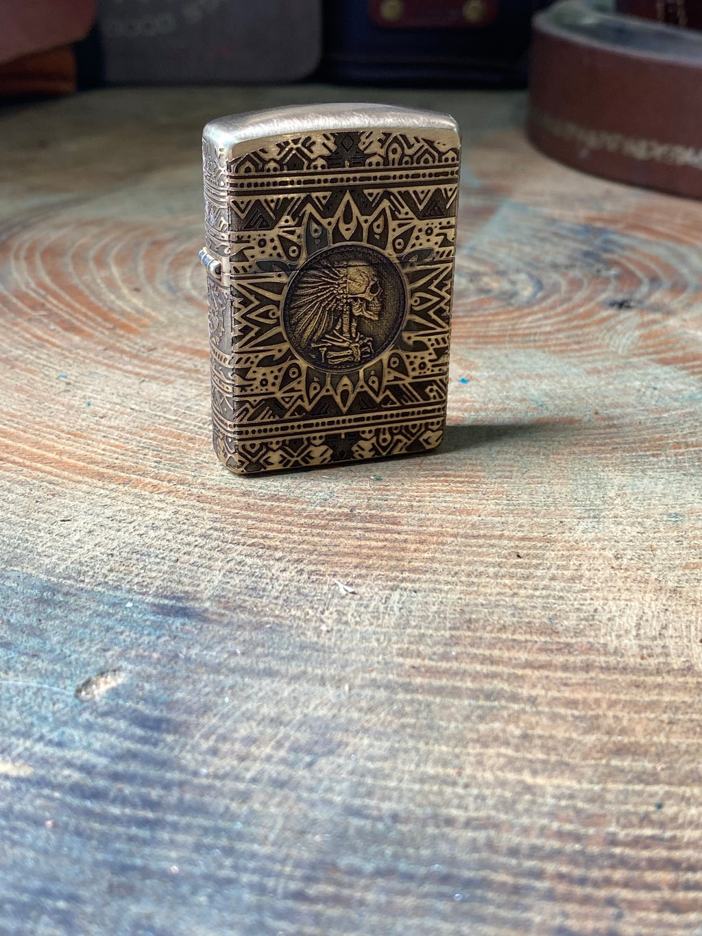 Aztec Warrior Skull 3D | 4 Side Engraved | Brass Armor Zippo