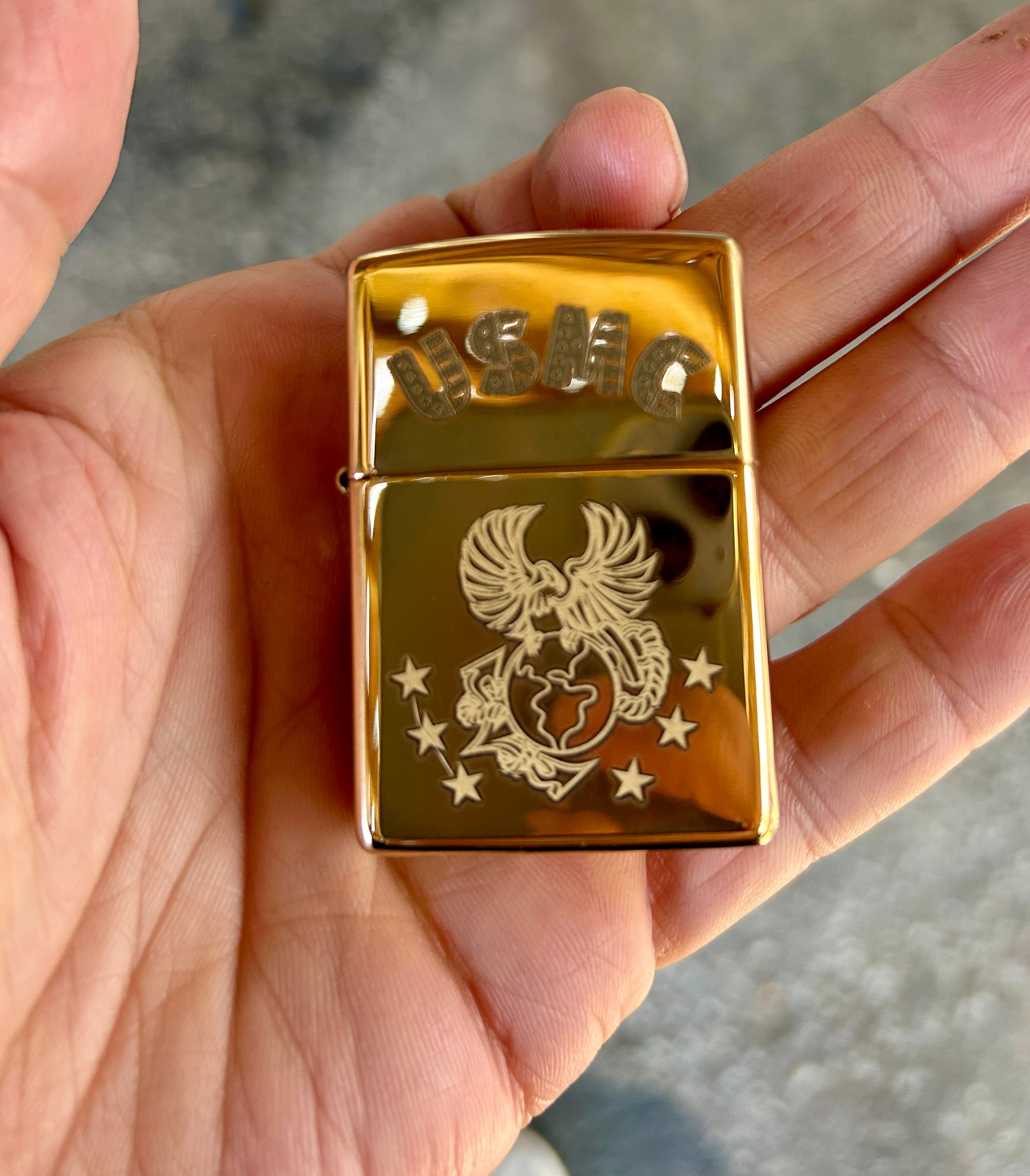 Engraved Brass Zippo Lighter | USMC| Made in the USA | High Polish Brass Case