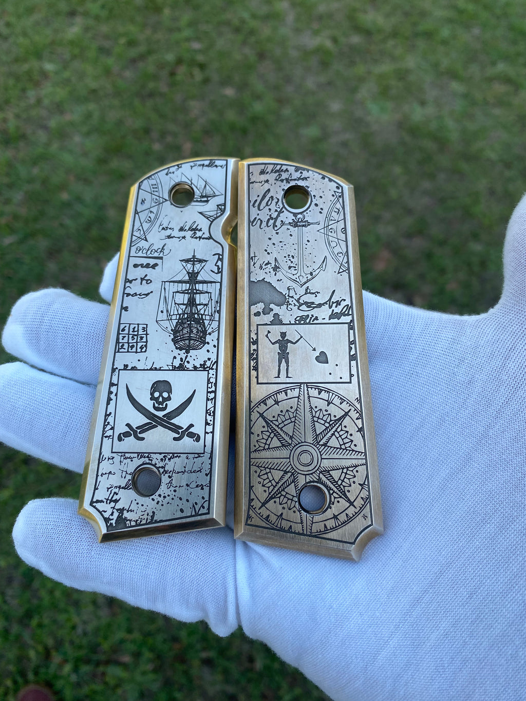 Brass Engraved 1911 Full Size Grips | Maritime | Blackbeard - Made in USA