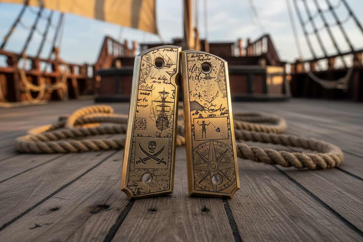 Brass Engraved 1911 Full Size Grips | Maritime | Blackbeard - Made in USA