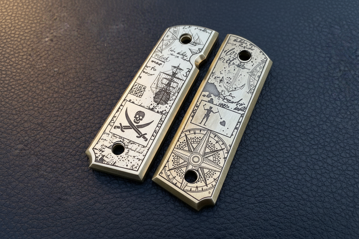 Brass Engraved 1911 Full Size Grips | Maritime | Blackbeard - Made in USA