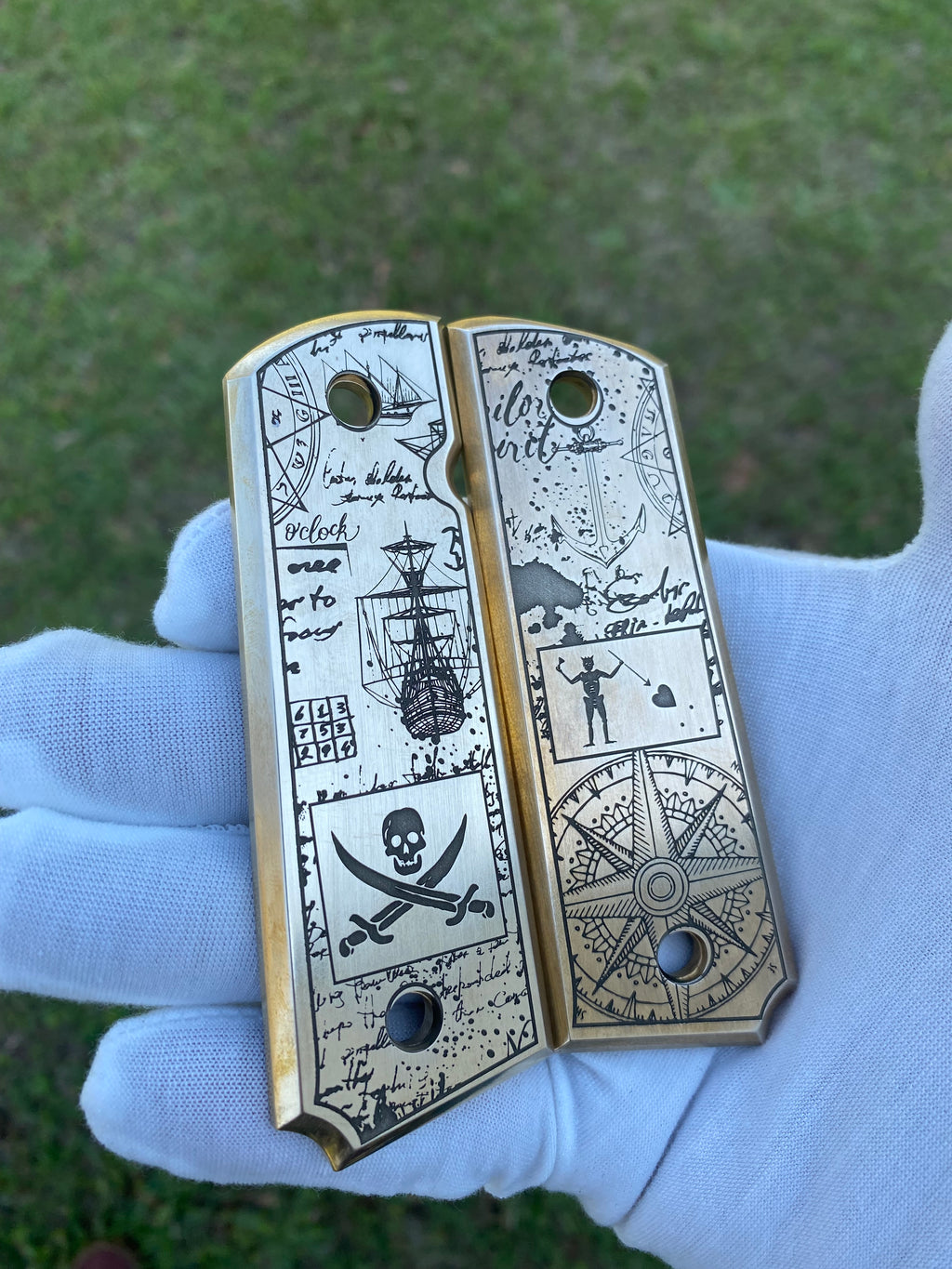 Brass Engraved 1911 Full Size Grips | Maritime | Blackbeard - Made in USA